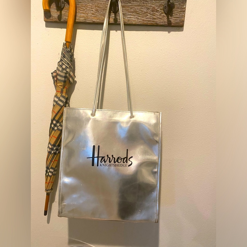 Harrods Knightsbridge Silver Long Handle Tote Nylon Coated with PVC